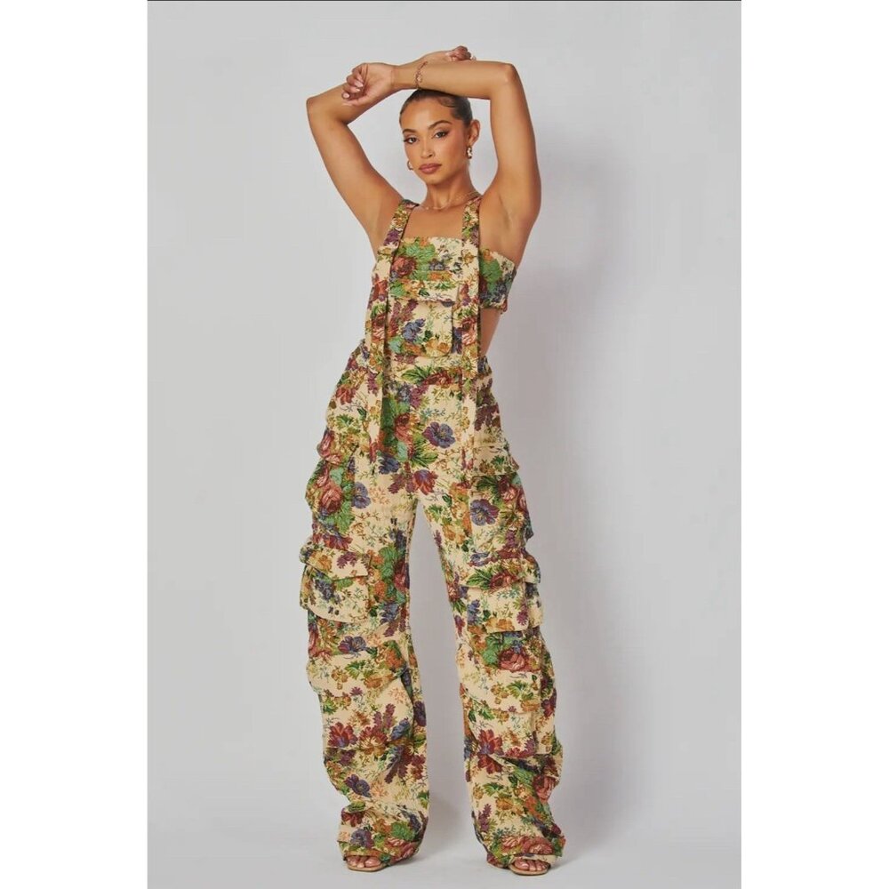Women Tapestry Jacquard Cargo Overall Jumpsuit Floral Beige Size S Loose Fit